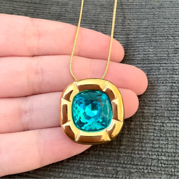 Blue Zircon Cushion Cut Crystal Necklace 18K Gold Bezel Setting Zircon Amulet - Picture 9 of 9